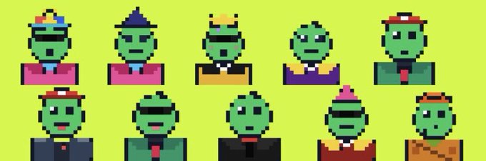 A collection of ten pixel art characters with green faces, each wearing different hats and colored outfits, arranged in two rows of five.