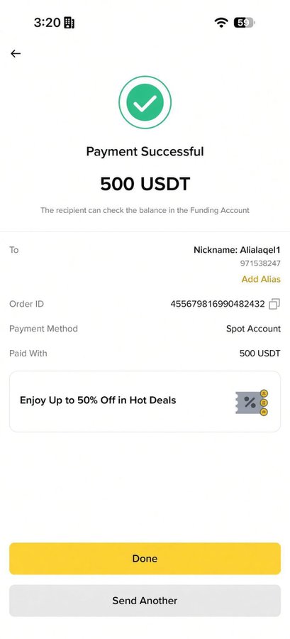 A mobile payment confirmation screen showing 'Payment Successful' for 500 USDT sent to nickname 'Alialaqel1' (971538247).