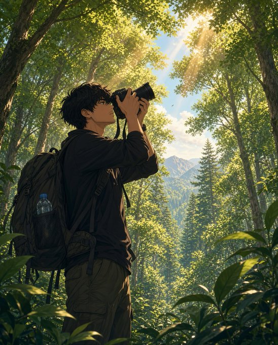 An anime-style illustration of a young man with a backpack and camera photographing a sunlit forest with mountains in the background.