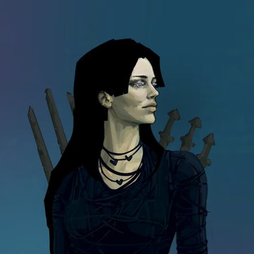 A painted illustration portrays a dark-haired woman with purple eyes and facial markings wearing dark clothing and layered necklaces.