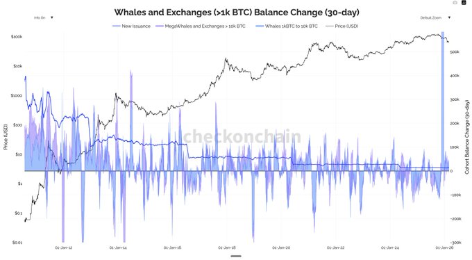 A line chart from checkonchain.com titled "Whales and Exchanges (>1k BTC) Balance Change (30-day)" tracks Bitcoin metrics from 2012 to January 2022, showing price (USD) climbing from near $0 to over $60K, alongside new issuance (dark blue) and whales/exchanges balance changes (light blue). The recent spike in the "Whales 10k BTC to 10k BTC" line—visible on the far right as a sharp upward movement—supports the post's claim that large holders are accumulating BTC again.