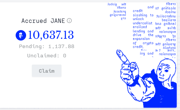 The image shows an "Accrued JANE" dashboard displaying 10,637.13 points with 1,137.88 pending and a "Claim" button, alongside a blue illustration of a person pointing and fragmented text mentioning "crypto lending" and "credit." It visually reinforces the post's theme of slow accumulation, showing the user's steadily growing JANE token rewards from the @3janexyz project that they plan to harvest later this year.