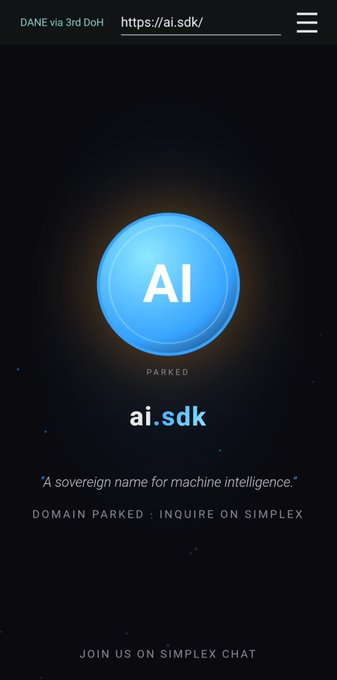 A dark webpage for ai.sdk with the tagline 'A sovereign name for machine intelligence.' and 'DOMAIN PARKED · INQUIRE ON SIMPLEX'.