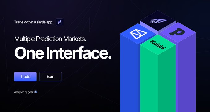 A promotional banner reading "Trade within a single app. Multiple Prediction Markets. One Interface." with "Trade" and "Earn" buttons, showing 3D blocks branded with Kalshi, Polymarket, and Limitless logos.