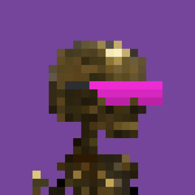A pixel art illustration of a brown, tree-like figure with a pink rectangular mouth/muzzle against a purple background.