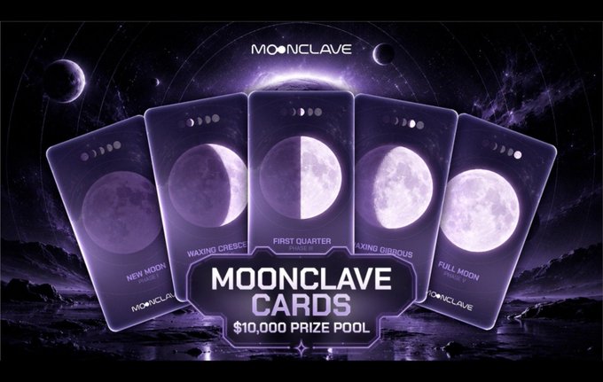 A promotional graphic for MOONCLAVE CARDS showing five moon phase cards (New Moon, Waxing Crescent, First Quarter, Waxing Gibbous, Full Moon) with a $10,000 PRIZE POOL displayed over a cosmic purple background.