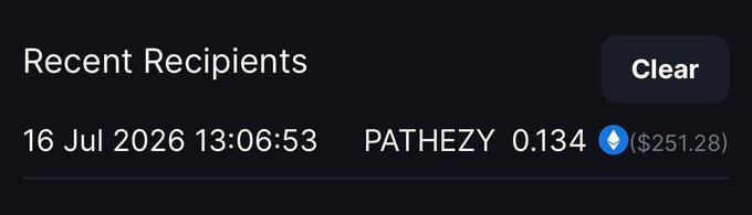 A "Recent Recipients" notification showing a 0.134 ETH transaction (~$251.28) sent to "PATHEZY" on 16 Jul 2026 at 13:06:53, which confirms the $250 gift sent to the friend mentioned in the post.