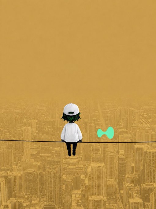 An animated illustration of a small character in a white cap and hoodie sitting on a wire high above a yellow-toned cityscape, facing away from the viewer with a green butterfly nearby.