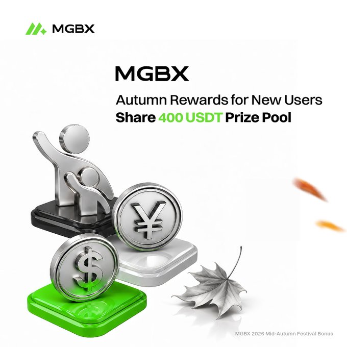 A promotional advertisement for MGBX featuring silver figures, dollar and yen coin tokens, and a maple leaf, with text reading 'MGBX Autumn Rewards for New Users Share 400 USDT Prize Pool' and 'MGBX 2026 Mid-Autumn Festival Bonus'.