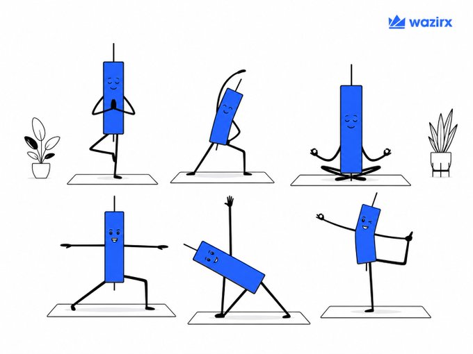 Six blue cartoon characters perform various yoga poses on mats between potted plants, with the "wazirx" logo in the top right corner, visually illustrating the caption "all stretched out for the week ahead."