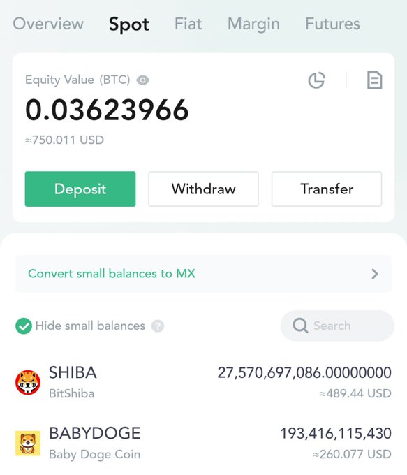 Screenshot of a cryptocurrency wallet app showing a Spot equity value of 0.03623966 BTC (≈750.011 USD), with holdings in SHIBA (BitShiba) and BABYDOGE (Baby Doge Coin).