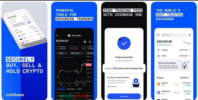 A promotional banner for the Coinbase cryptocurrency exchange app, featuring four panels highlighting 'Securely Buy, Sell & Hold Crypto', 'Powerful Tools for Advanced Traders', 'Zero Trading Fees with Coinbase One', and 'The World's Most Trusted Exchange', with BTC-USDC at $97,966.57 and BTC at $97,966.57 visible.