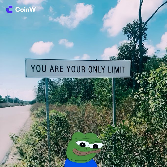An outdoor scene featuring a road sign that reads 'YOU ARE YOUR ONLY LIMIT,' with a Pepe the Frog meme character superimposed at the bottom and a 'CoinW' logo in the top left corner.