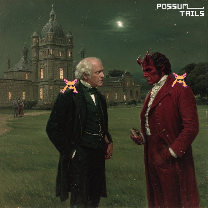 Two formally-dressed 19th-century men, one human and one red-skinned demonic figure, stand facing each other on a lawn before an illuminated manor house at night, each accompanied by a small pixelated possum graphic and the "POSSUM TAILS" logo in the upper right corner. The image serves as a whimsical, dramatic backdrop for an XRP/XRPL community giveaway announcement.