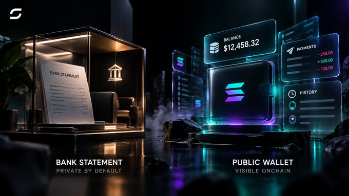 A dark futuristic digital graphic contrasting a physical 'BANK STATEMENT — Private by Default' in a glass display case with glowing holographic screens showing a Solana 'PUBLIC WALLET — Visible Onchain' with a $12,458.32 balance and transaction history.