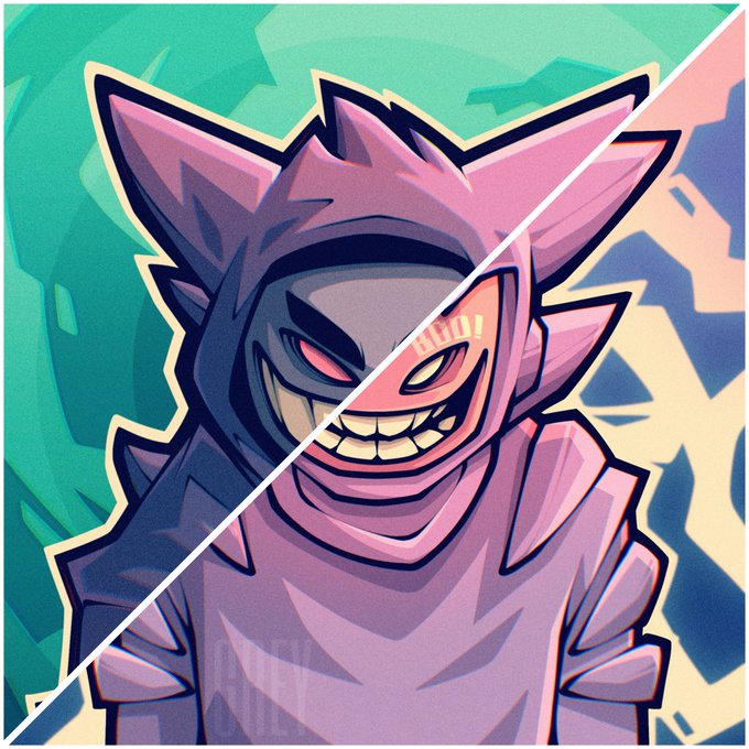 A split-color digital illustration of a hooded, grinning character with pointed ears and sharp teeth, divided diagonally into teal and pink halves.