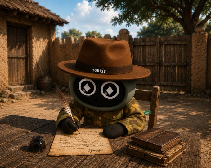A whimsical robot character wearing a brown fedora inscribed with "YOUKIE" and a camouflage jacket sits at a wooden table, quill in hand, signing an aged parchment beside an inkwell and leather-bound books, set against a rustic village backdrop—symbolizing the deeper discovery behind Beldex's separate products (BChat, BelNet, Beldex Browser, BNS), which the post reveals all converge on a single underlying question about privacy and digital sovereignty.