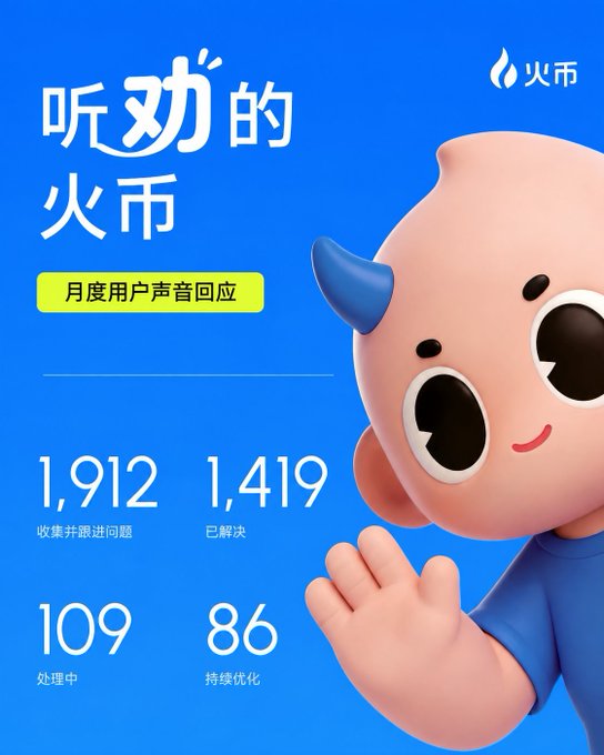 A blue promotional graphic from Huobi (火币) featuring a pink devil-horned mascot, with Chinese text translating to 'The Huobi that listens' and monthly user feedback statistics: 1,912 issues collected, 1,419 resolved, 109 in progress, and 86 being optimized.