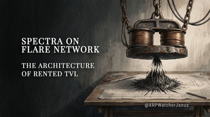 The image features a black background with a drawing of a magnetized object sitting atop a table, which has a piece of paper underneath it. The text "Spectra On Flare Network" is written above the magnetized object, while "The Architecture of Rented TVL" is written below it.