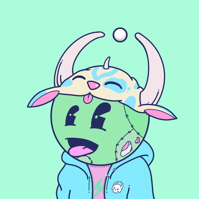 A cartoon illustration of a green round-faced character with stitched features, wearing a horned cow-patterned hat and a blue hoodie.
