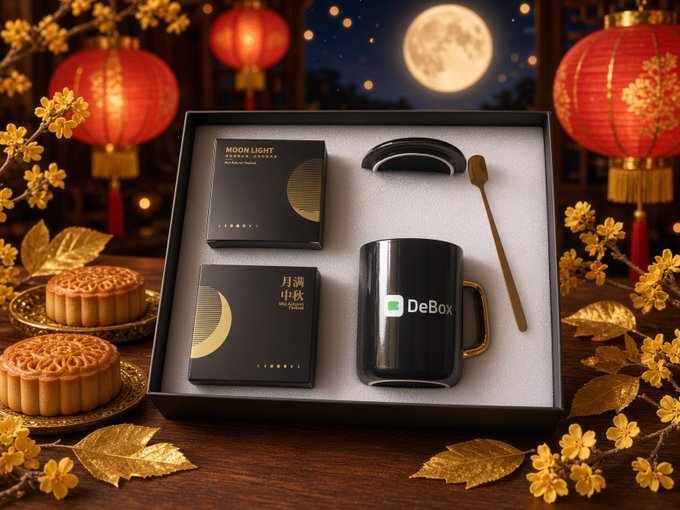 An elegantly arranged gift box featuring black "MOON LIGHT Mid-Autumn Festival" packages, a mug displaying the DeBox logo, a golden spoon, and a lid, set against a festive backdrop of red lanterns, a full moon, golden apricot blossoms, and traditional mooncakes—visually celebrating the Mid-Autumn Festival in connection to the user's mention of receiving their DeBox Social badge.