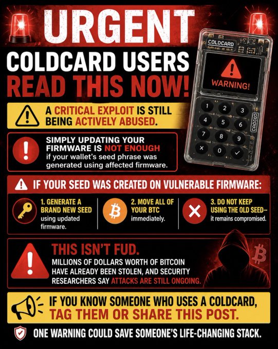 An urgent warning graphic about a critical exploit affecting Coldcard Bitcoin hardware wallet users, advising them to generate a new seed if created on vulnerable firmware, move all BTC immediately, and not keep the old seed, with a warning that millions of dollars in Bitcoin have been stolen.