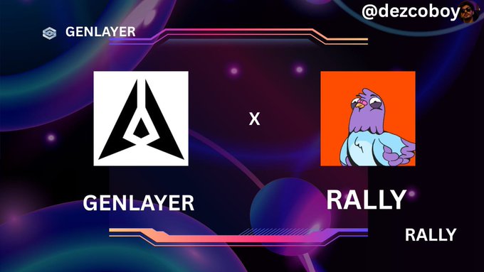 The image features a purple bird with wings spread, set against a black background that is surrounded by circles of different colors (purple, orange, pink) placed randomly throughout. The main focus of the image is the text "Genlayer x Rally".