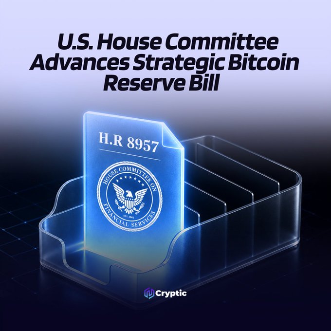 The image features a glowing blue document labeled "H.R 8957" bearing the U.S. House Committee on Financial Services seal, displayed in a transparent holder. Bold text reads "U.S. House Committee Advances Strategic Bitcoin Reserve Bill," visually reinforcing the post's announcement about the committee advancing legislation to create a Strategic Bitcoin Reserve under Treasury Department oversight with a 20-year holding requirement.