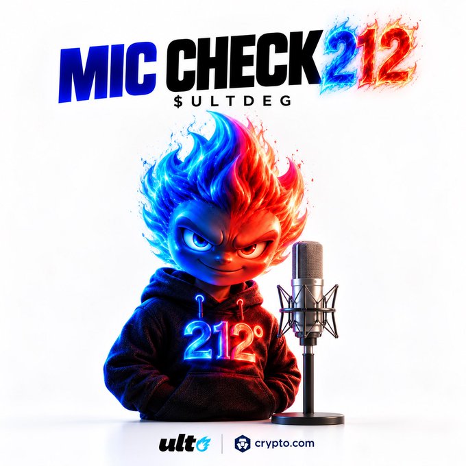 A promotional graphic for 'MIC CHECK 212 $ULTDEG' featuring a stylized 3D character with blue and red flame-like hair standing beside a studio microphone, with ultc and crypto.com logos at the bottom.