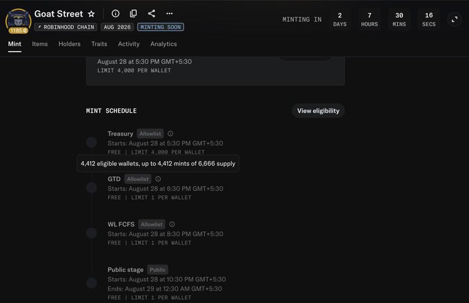 A dark-themed webpage for 'Goat Street' showing a mint schedule on the Robinhood Chain with a countdown timer and details for Treasury, GTD, WL FCFS, and Public stage mints starting August 28.