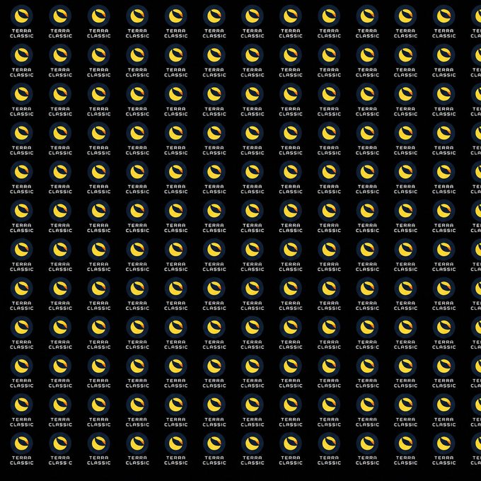 A repeating pattern of "Terra Classic" logos—each featuring a yellow crescent inside a black circle—fills the image. The tiled branding reflects the cryptocurrency ticker $LUNC, symbolizing the wealth and identity of the Terra Classic network referenced in the post.