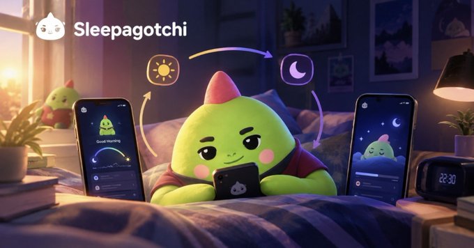 A promotional image for 'Sleepagotchi' featuring a green cartoon character on a smartphone, surrounded by sun and moon icons and digital devices showing sleep tracking.