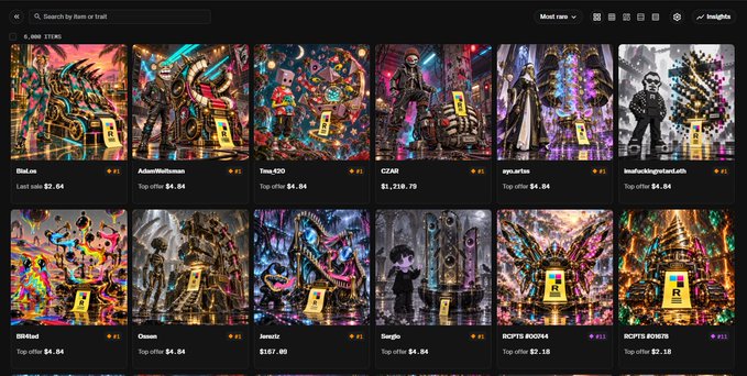 A screenshot of an NFT marketplace displaying a grid of digital artwork pieces with various artist names like 'SiuLe', 'Adventurous', 'Time450', and prices in dollars.