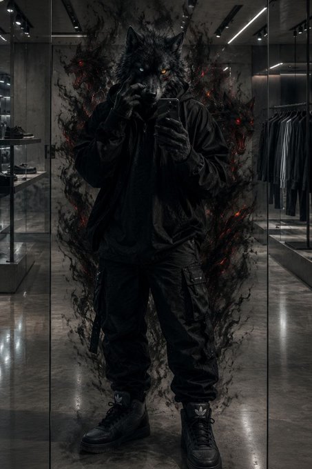 A dark, stylized figure wearing a wolf mask and black tactical clothing stands in a dimly lit clothing store, holding a phone, with black smoke and red embers emanating around the body.