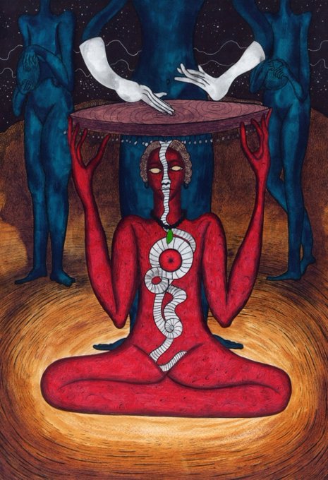 The artwork "Rhythm" depicts a red figure seated cross-legged, holding a wooden disc above their head with white markings on their torso, set against a background of blue figures and a starry sky, as noted in the text for collection by @HuemansUniverse.
