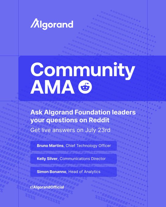 Algorand promotional graphic for a Community AMA event scheduled for July 23rd on r/AlgorandOfficial, featuring CTO Bruno Martins, Communications Director Kelly Silver, and Head of Analytics Simon Bonanno, set against a blue background with code patterns.