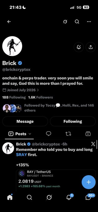 A Twitter/X profile for 'Brick' (@brickcryptox) describes themselves as an 'onchain & perps trader' and shows a post about 'RAY / TetherUS' on RAYUSD with +135% and past month gains.