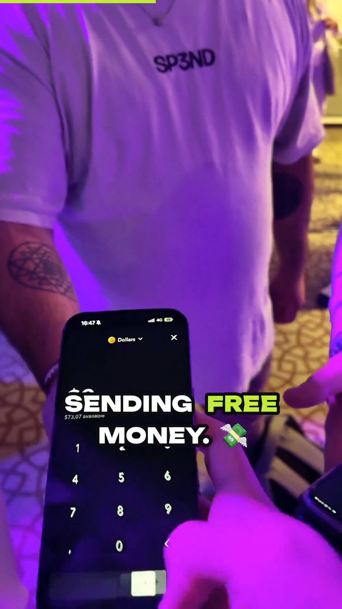 A person wearing a white "SP3ND" t-shirt holds up an iPhone displaying the Flipcash app with a $73.07 balance, accompanied by overlay text reading "SENDING FREE MONEY" with a money-with-wings emoji. The image illustrates the post's claim about tipping Solana Summit Singapore attendees using Flipcash, showcasing the app's interface for sending money instantly.