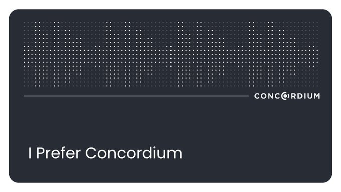 A dark gray card with dotted-text artwork above and the text 'I Prefer Concordium' and the CONCORDIUM logo.