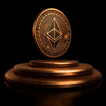 The image features a golden coin, possibly a Bitcoin, being displayed on top of a round platform. The coin's three sides are facing upwards, with an inscription on one side reading "LATEST: Staking generated 60% of reported revenue among Ethereum treasure firms that disclosed staking income in 2025 per Everstake." This text is also present below the coin and to its right.