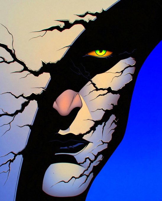 An illustration of a face partially obscured by deep cracks, with a single glowing yellow-green eye visible against a blue background.