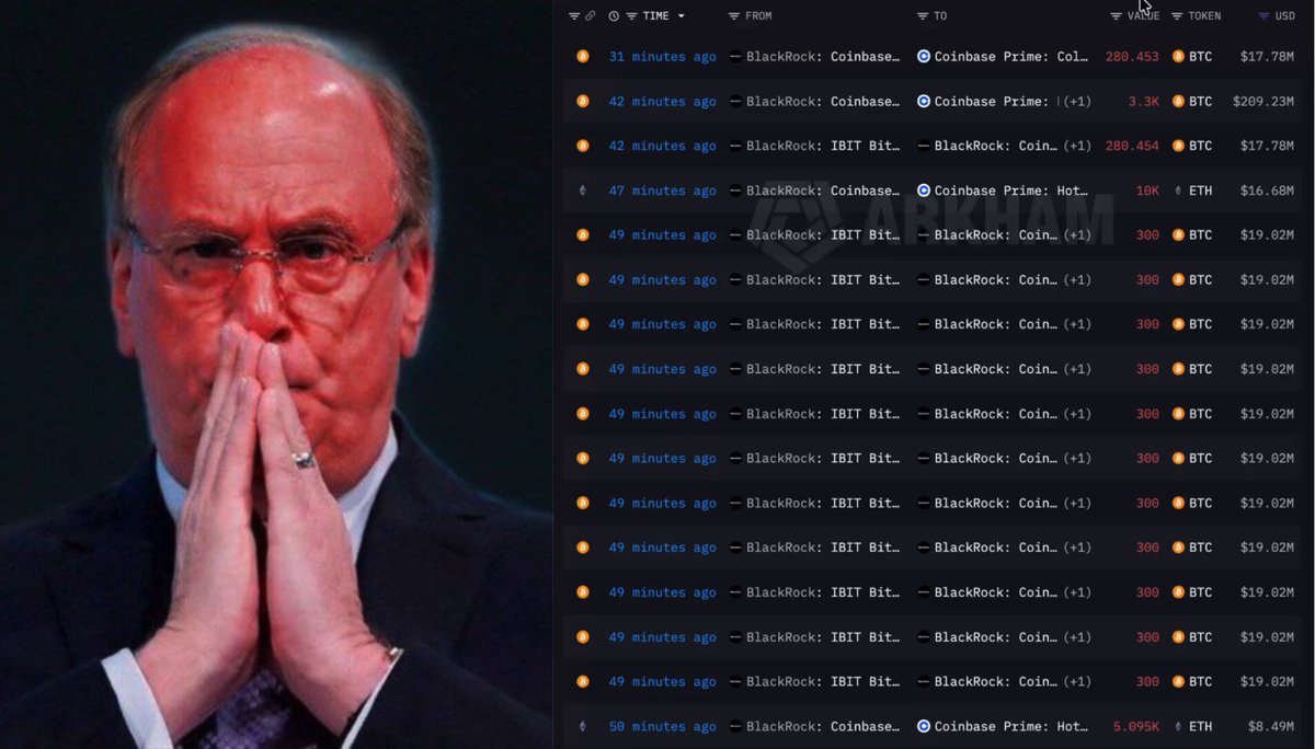 The image shows a man wearing glasses with his hands together, appearing sad or thoughtful. The caption below the photo reads "BREAKING: BLACKROCK JUST Started dumping cryptocurrency ahead of US market opening they are selling millions of $BTC and $ETH every few minutes they know a huge dump is coming...". This suggests that the man's emotions may be related to an event happening in the cryptocurrency world, with potentially significant implications for those involved.