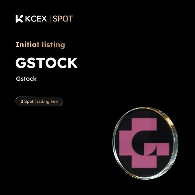 A promotional graphic for KCEX Spot announcing the initial listing of GSTOCK (Gstock) with 0 Spot Trading Fee, featuring a circular logo with pink geometric shapes.