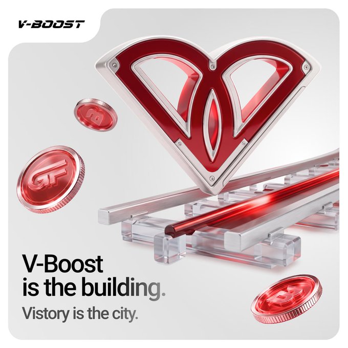 A stylized heart-shaped emblem with a "V" cutout hovers above metallic rails with glowing red rods and floating "V" tokens, with the tagline "V-Boost is the building. Vistory is the city." The image visually reinforces the post's message by showcasing V-Boost as a single product component within the larger Vistory ecosystem.