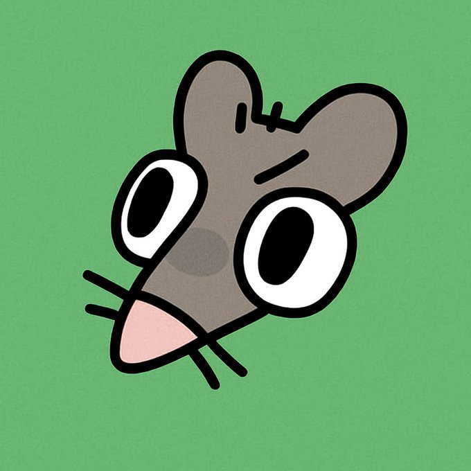 A cartoon gray mouse with large eyes, pink nose, and whiskers set against a solid green background.