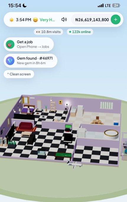 A screenshot of a mobile game (Hamster Kombat) showing a virtual home with rooms, displaying stats like '10.8m visits' and '122k online' with the in-game currency balance showing ₦26,619,143,800.