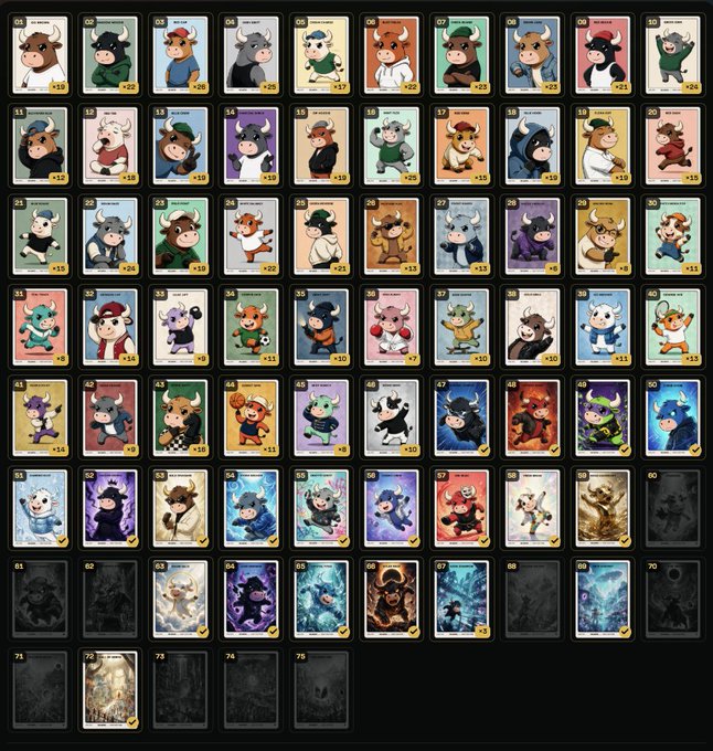 A grid collection of 75 numbered character cards, appearing to be collectible NFT-style avatars with various animal and humanoid designs.