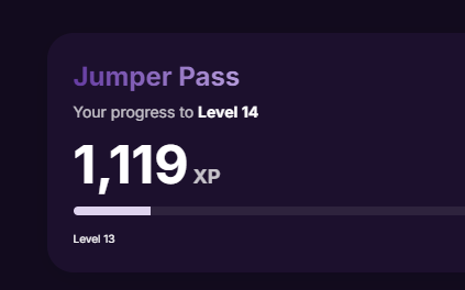 The image displays a "Jumper Pass" progress tracker showing 1,119 XP accumulated, with a progress bar indicating advancement toward Level 14 (currently between Level 13 and the next tier). This visualizes the speculated "$1,119 airdrop" mentioned in the post if XP is valued at $1, supporting the bullish "Jumptember" anticipation around Jumper's potential token launch on Base.