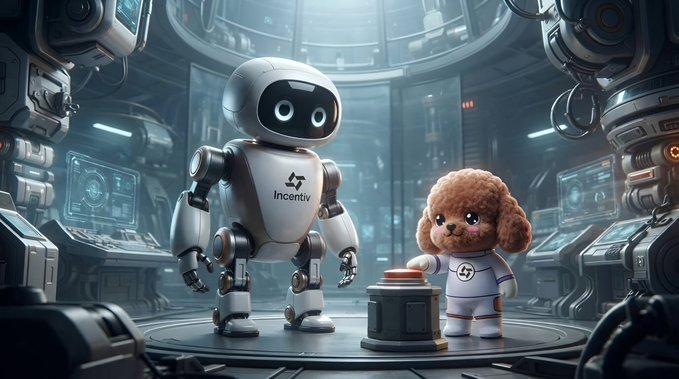 A digital rendering of a white "Incentiv" robot and a small brown poodle character wearing a spacesuit standing in a high-tech laboratory setting.
