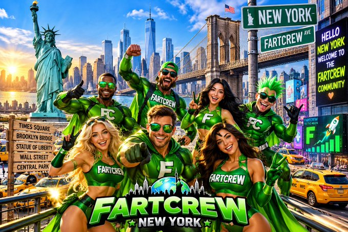 A vibrant, comic-style promotional image for 'FARTCREW NEW YORK' featuring seven characters in green superhero outfits posing with New York landmarks like the Statue of Liberty and Brooklyn Bridge in the background.